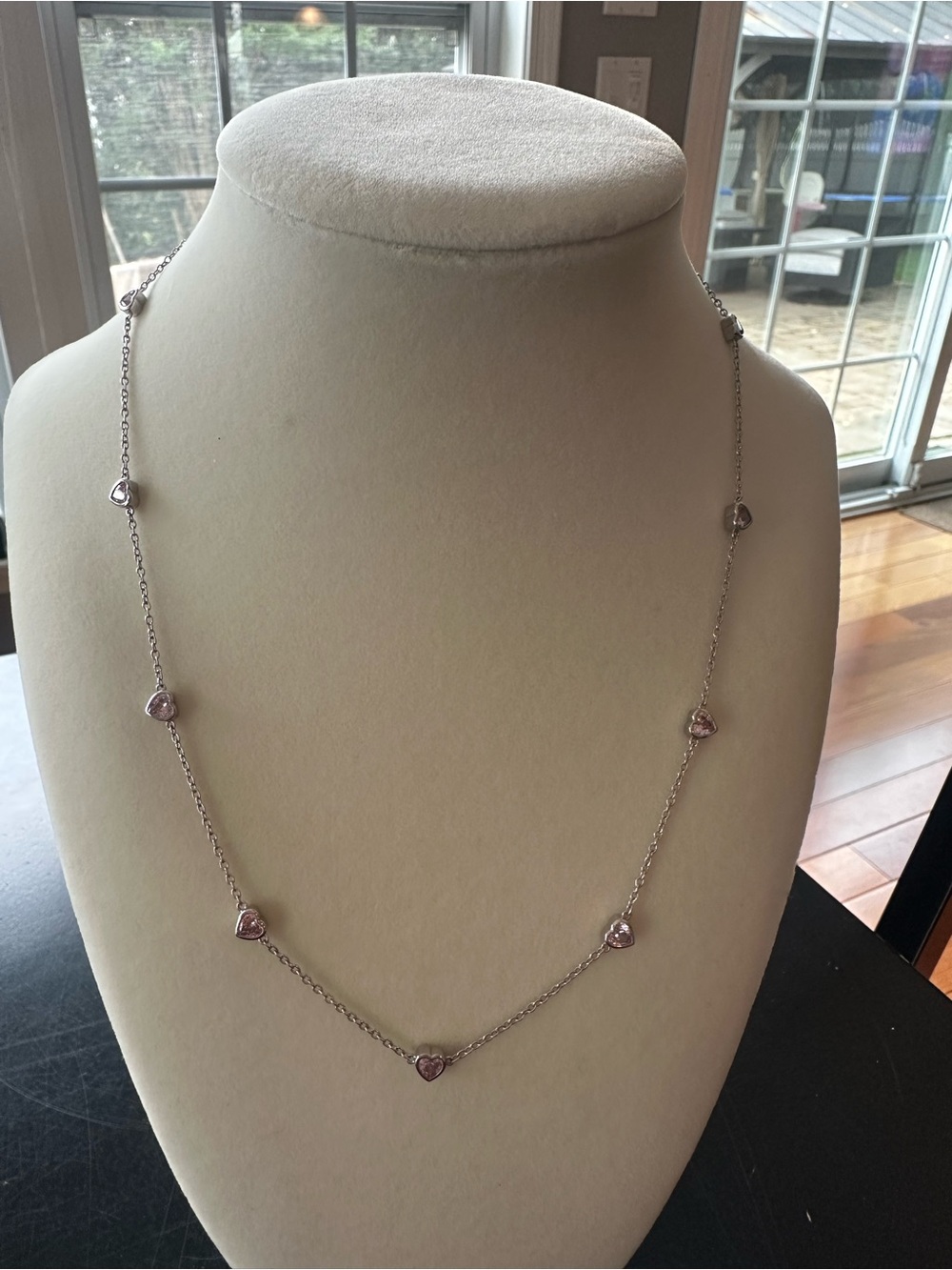 Delicate Pink Heart Station Necklace - Women's Silver Chain